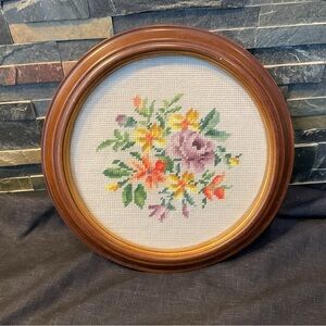 Vintage Floral Embroidery in Wooden round Frame